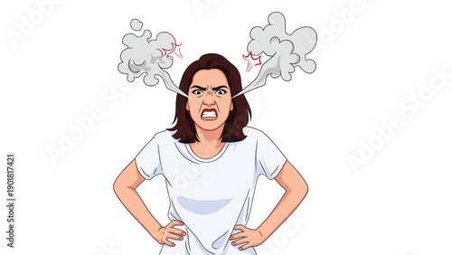 Furious young woman shows extreme anger with steam coming out of her ears and a stressed expression on her face.