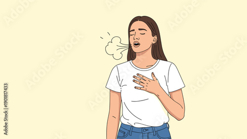 Relieved young woman wearing white tshirt taking deep breath and exhaling with cloud of air on soft yellow background.