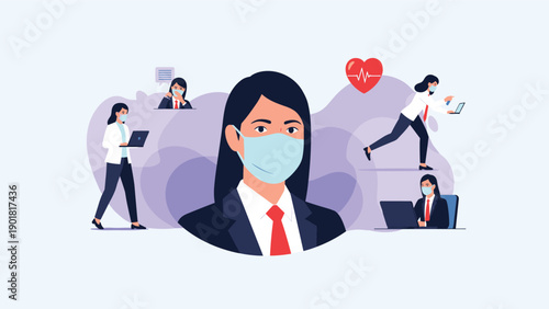 Professional business woman wearing protective face mask with vignettes of colleagues working in hybrid office setting.