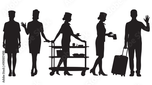 Vector Illustration Of Silhouette Flight Attendants And Passenger For Travel And Aviation Concept