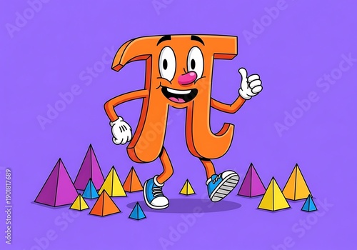 A cheerful cartoon letter t character walking among colorful pyramids on purple background