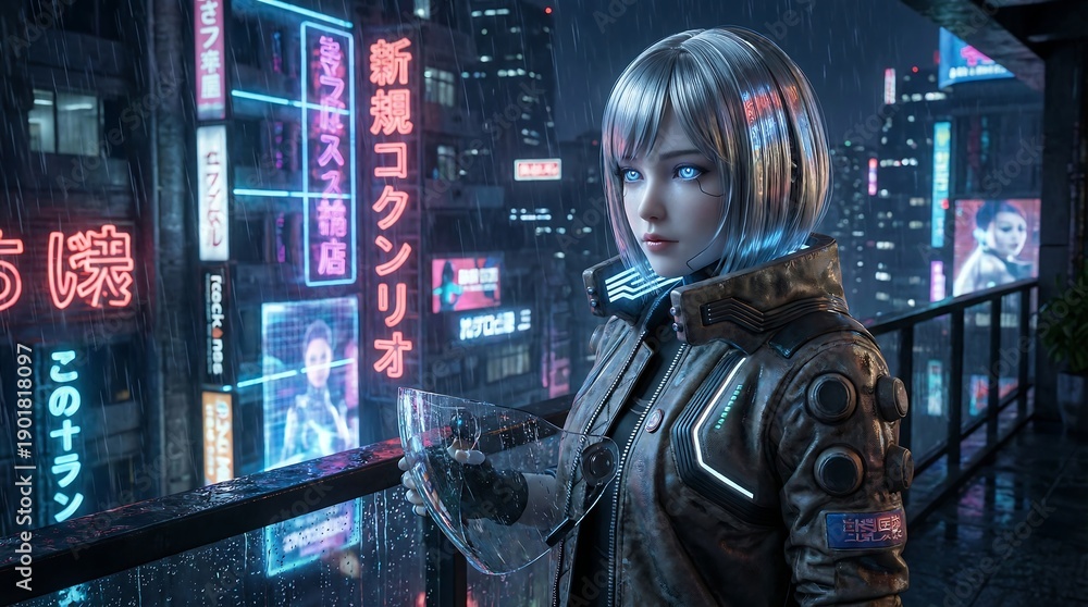 Fototapeta premium Cyberpunk woman in a neon-lit futuristic city at night, digital art