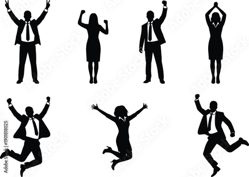 Business professionals in silhouette striking celebratory poses with raised fists and jumping for success