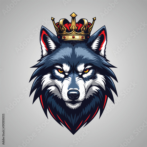 Stylized Detailed Wolf Head Wearing a Golden Crown Illustration