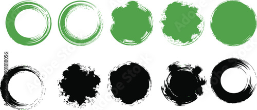 Collection of diverse green and black ink brush stroke circles with rough edges and varied textures on a white background