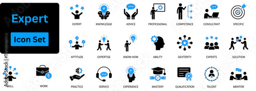 Expert icon set. Expert solid icon set containing advice, competence, expertise, knowledge, skill, specialist, experience and more.