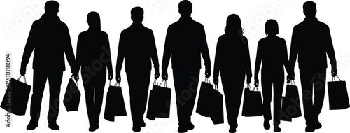 Collection of diverse individuals in black silhouette walking forward with shopping bags showcasing a unified consumer experience and retail engagement