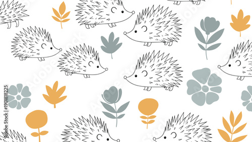 Whimsical seamless pattern featuring adorable hedgehogs, delicate leaves, and charming flowers in pastel colors on a clean white background, perfect for nursery decor.