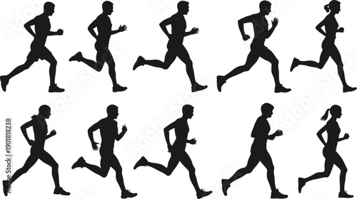 Collection of male and female runner silhouettes in various mid-stride poses showcasing athletic movement and fitness
