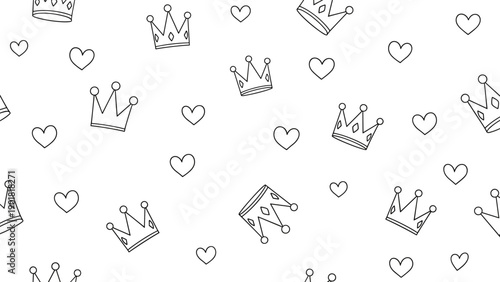 Elegant seamless pattern showcasing scattered hand-drawn outline crowns and hearts on a clean white background, perfect for subtle royal or romantic themes.