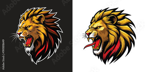 Roaring Cartoon Lion Head Mascot with Detailed Mane Illustration
