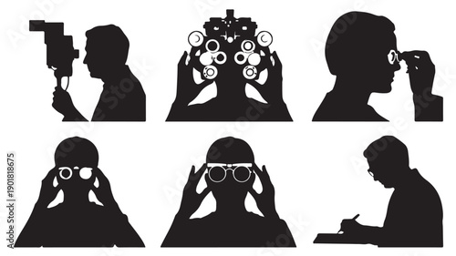 Vector Illustration Of Silhouette People In Eye Examination Process For Healthcare Marketing