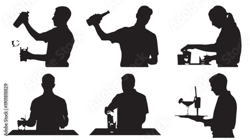 Vector Silhouette Illustrations Of Bartenders Preparing Cocktails For Hospitality And Beverage Marketing