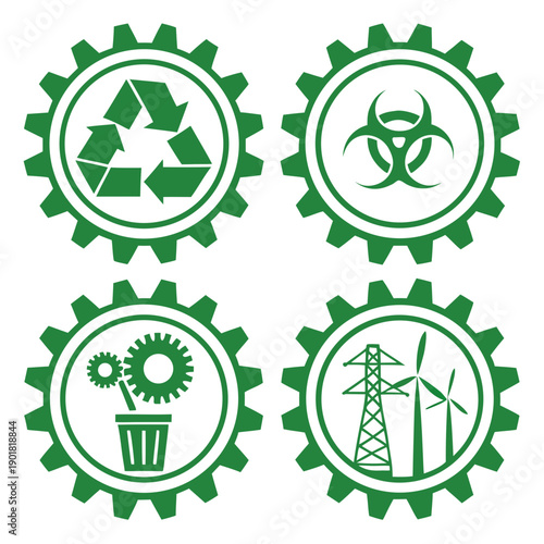 Four circular icons representing recycling, environmental protection, and sustainability Vector