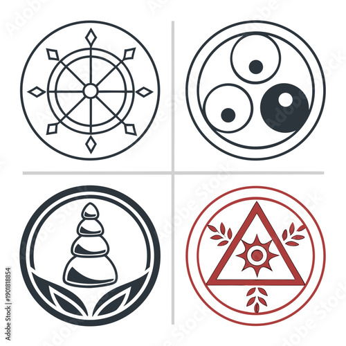 Five distinct symbols each representing different philosophies and beliefs. Vector
