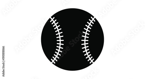 A stark black and white illustration depicts a baseball with prominent stitching details isolated on white high quality professional detailed