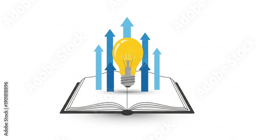 An open book with a glowing lightbulb and upward arrows symbolizing creativity and innovation from a top view