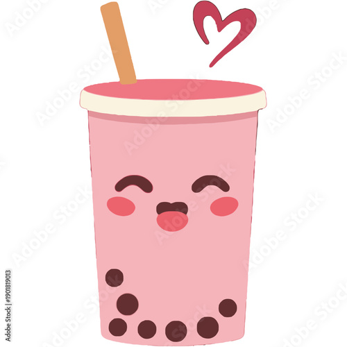 Boba Tea Cup Winking with Heart Straw Sticker | Cute Boba Drink Kawaii Sticker Illustration | Adorable Bubble Tea with Heart Straw Character | Playful Winking Boba Tea Cup Sticker Design | Sweet