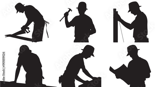 Vector Illustration Of Silhouette Construction Workers In Various Actions For Building And Architecture Concept