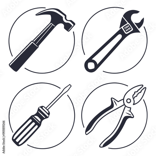 A collection of various tools including a hammer, wrench, pliers, and screwdriver Vector