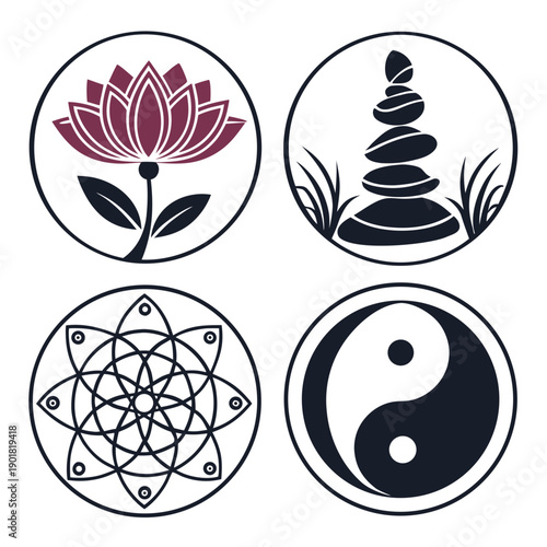Four distinct symbols representing nature, spirituality, and balance. Vector