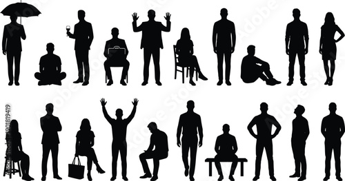 Diverse group of black silhouettes representing men and women in various poses and activities against a white background