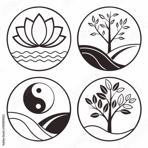 Four distinct symbols representing nature, balance, and growth. Vector