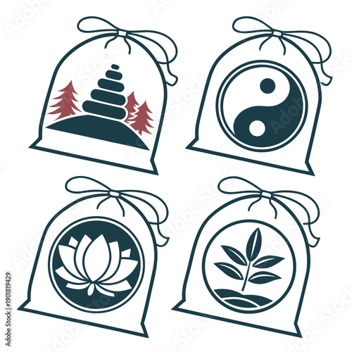 Four decorative bags with unique symbols representing different cultures and traditions Vector