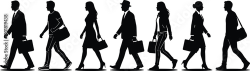 Diverse group of business professionals and casual individuals walking in silhouette against a white background