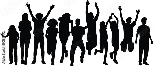 Diverse group of children and teenagers jumping and celebrating with arms raised in silhouette against a white background