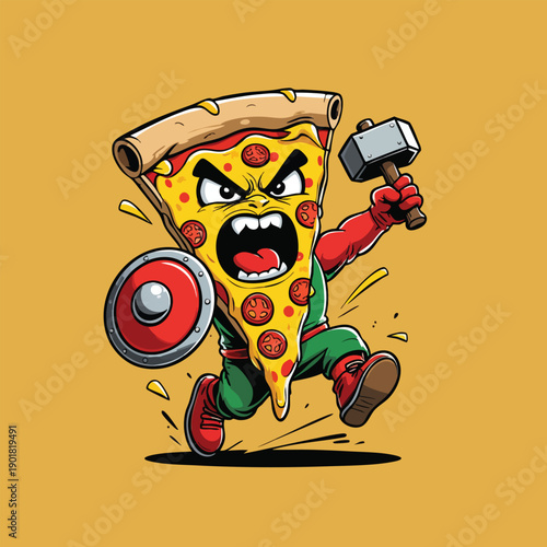 Cartoon Aggressive Pizza Slice Gladiator Mascot Holding Hammer Illustration