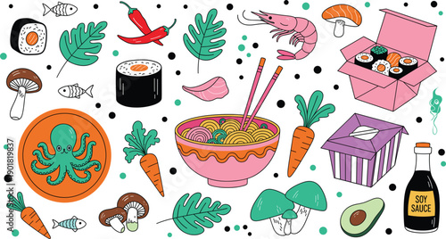 Hand-drawn Asian fusion food doodle set featuring sushi rolls ramen bowl octopus shrimp and take-out boxes in vibrant colors on grey background