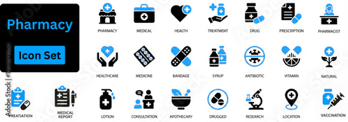 Pharmacy icon set contain Medicine, bandage, medication, prescription, treatment, health and syringe symbol.