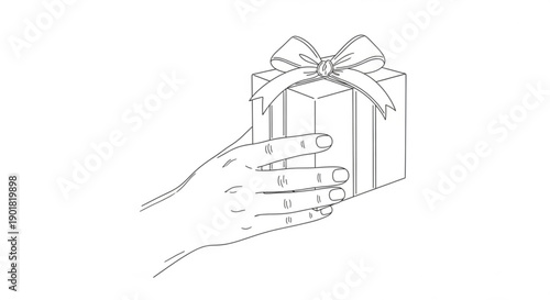 Hand holding a gift box with ribbon, viewed from the side, in a simple line drawing style