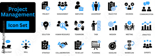 Project Management icon set contain Time management, planning, project, startup, marketing.