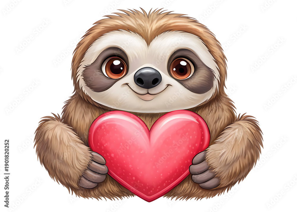 Fototapeta premium Cartoon sloth holding pink heart brown