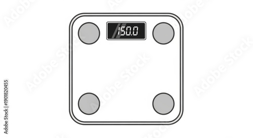 Digital bathroom scale with four grey buttons and a weight display on a plain white background viewed from directly above