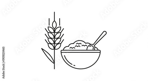 Simple line drawing of a bowl of oatmeal with a spoon and a stalk of wheat beside it
