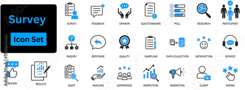 Survey solid icon set contain inspector, examination, rating, survey, feedback, opinion, questionnaire, poll, research, data collection, review. satisfaction etc