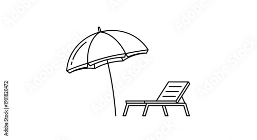 Single line art illustration of a lounge chair under a beach umbrella viewed from the side on a serene beach