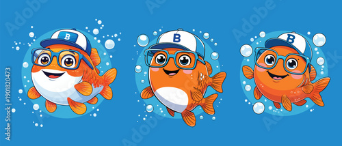 Playful Handdrawn Goldfish Wearing Glasses and a Baseball Cap Illustration