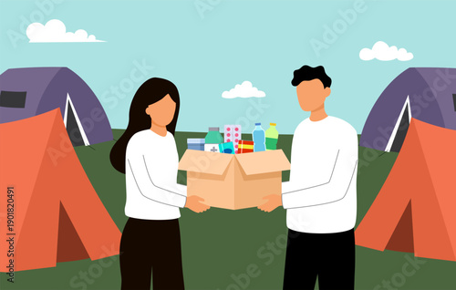 People handing donation box between tents during outdoor humanitarian aid event supporting homeless community needs