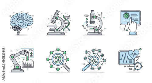 Science and technology icons set with brain microscopes robot arm and ai elements on white background