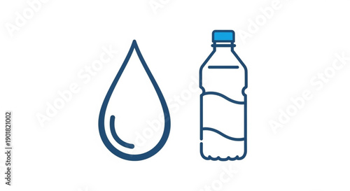 Simple line illustration of a water droplet and a bottle, conveying hydration and refreshment
