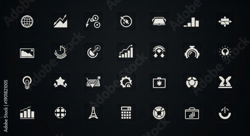 Collection of white business and technology icons on black background for design and presentation
