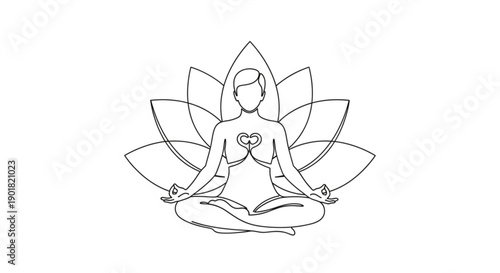 A serene woman meditating in lotus position surrounded by lotus flower petals in a peaceful environment viewed from the front
