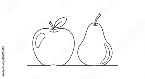 Simple line drawing of an apple and a pear on a flat surface, viewed from the side.