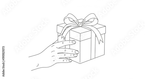 A hand holding a gift box tied with a ribbon from a close-up viewpoint