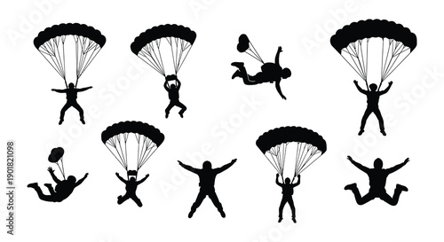 Silhouettes of skydivers in various poses descending with parachutes