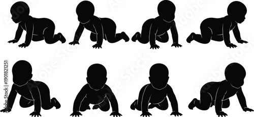 Black Silhouette Vector Illustration Set of Cute Crawling Babies in Different Poses and Angles Isolated on White Background for Early Childhood Development Projects